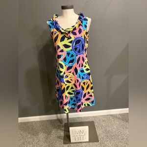 Lulu-B Multicolor Peace Sign Print Dress - Blue Pink Yellow Lime